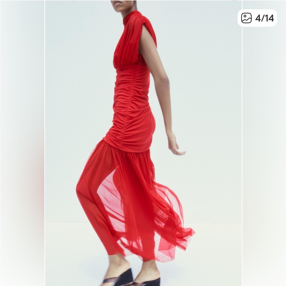 Zara NWT combination tulle midi dress red 4772/352 - Picture 14 of 15